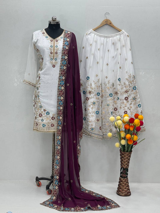 Glimmering White Color Work Sharara Suit With Wine Dupatta
