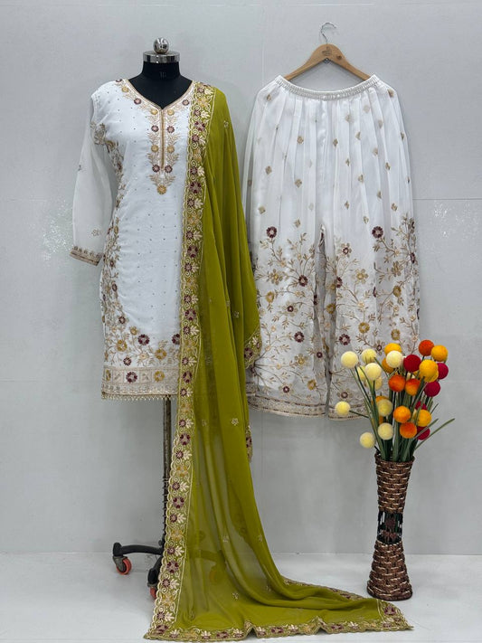 Glimmering White Color Work Sharara Suit With Green Dupatta