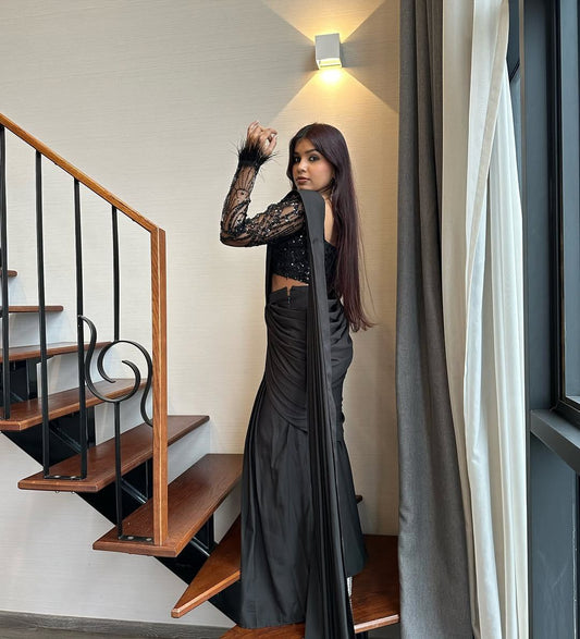 Black Color Embellished Sequence Work Lehenga Saree