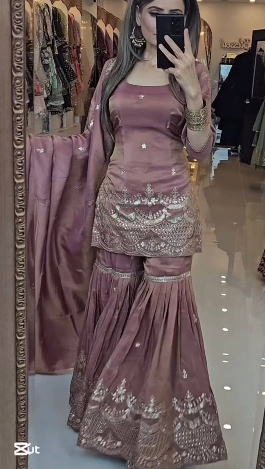 Beautiful Simmer Silk Peach Color Sharara Suit