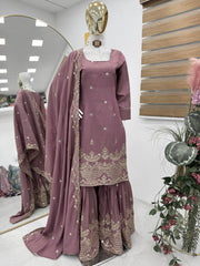 Beautiful Simmer Silk Peach Color Sharara Suit Beautiful Simmer Silk Peach Color Sharara Suit