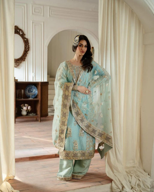 Stunning Sequence Work Sky Blue Color Sharara Suit