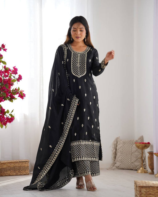 Lovely Chinon Silk Black Color Salwar Suit