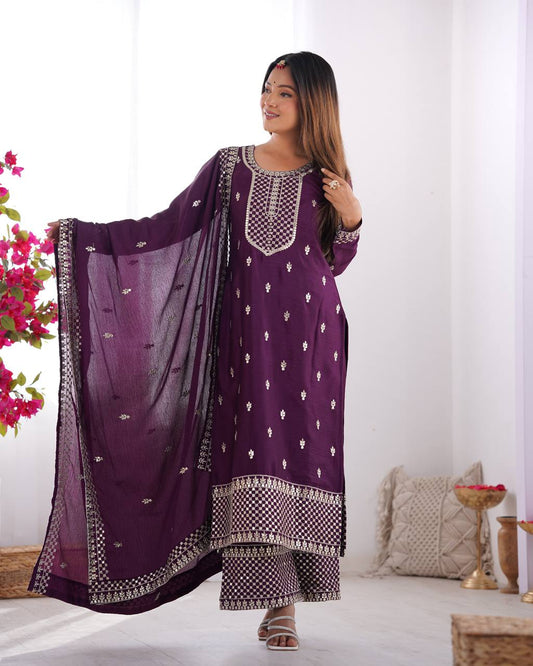 Lovely Chinon Silk Wine Color Salwar Suit