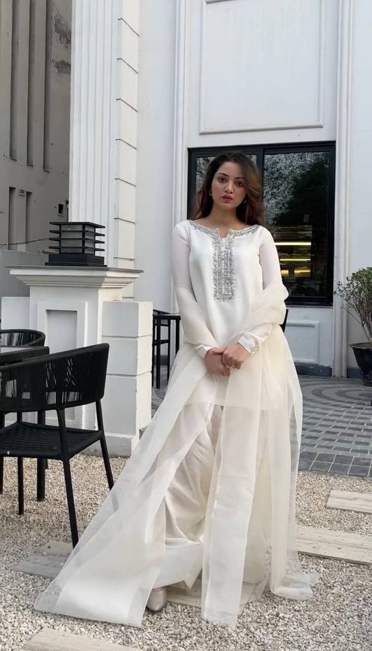 Beautiful White Color Embroidery With Hand Work Patiala Suit