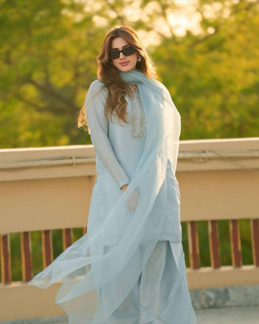 Beautiful Sky Blue Color Embroidery With Hand Work Patiala Suit