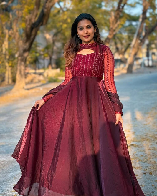 Gorgeous Sequence Work Maroon Color Anarkali Gown