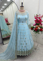 Beautiful Georgette Sequence Work Sky Blue Color Gown Beautiful Georgette Sequence Work Sky Blue Color Gown