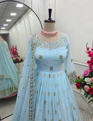 Beautiful Georgette Sequence Work Sky Blue Color Gown Beautiful Georgette Sequence Work Sky Blue Color Gown