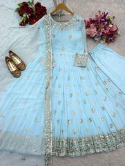 Beautiful Georgette Sequence Work Sky Blue Color Gown Beautiful Georgette Sequence Work Sky Blue Color Gown