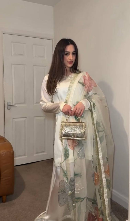 Elegant Satin Silk White Color Palazzo Suit