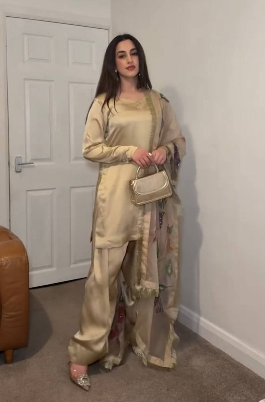 Elegant Satin Silk Beige Color Palazzo Suit