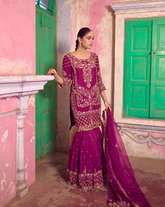 Heavy Sequence Work Wine Color Sharara Suit