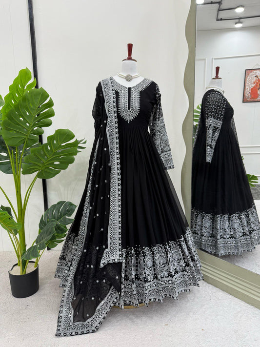 Black Color Thread With Sequence Work Anarkali Gown