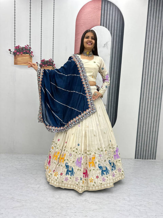 Function Wear Off White Color Lehenga Choli With Navy Blue Dupatta