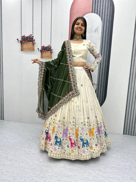 Function Wear Off White Color Lehenga Choli With Mehndi Dupatta