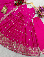 Adorable Chinon Silk Pink Color Sequence Work Gown Adorable Chinon Silk Pink Color Sequence Work Gown