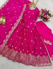 Adorable Chinon Silk Pink Color Sequence Work Gown Adorable Chinon Silk Pink Color Sequence Work Gown