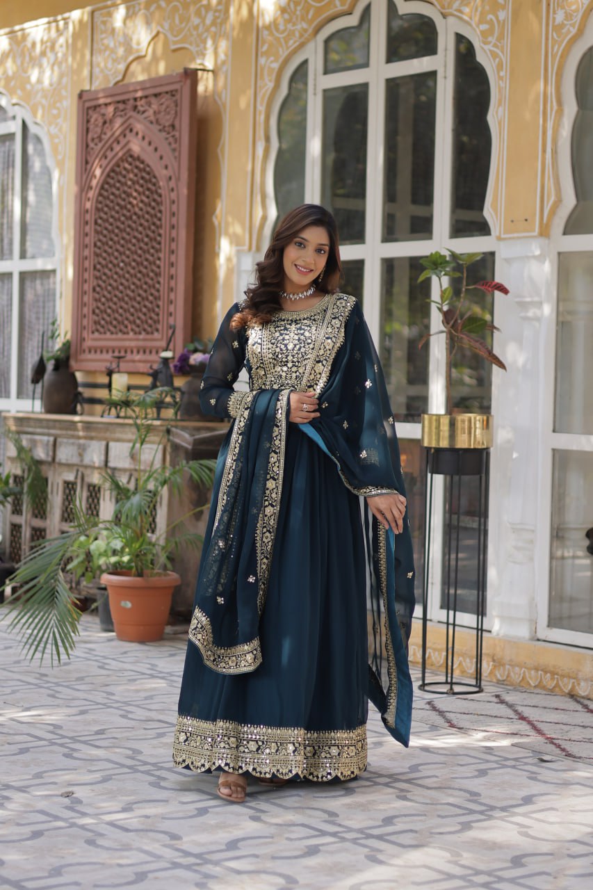 Function Wear Heavy Embroidery Work Navy Blue Color Gown