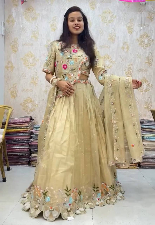 Glimmering Gold Crush Cream Color Heavy Work Lehenga Choli