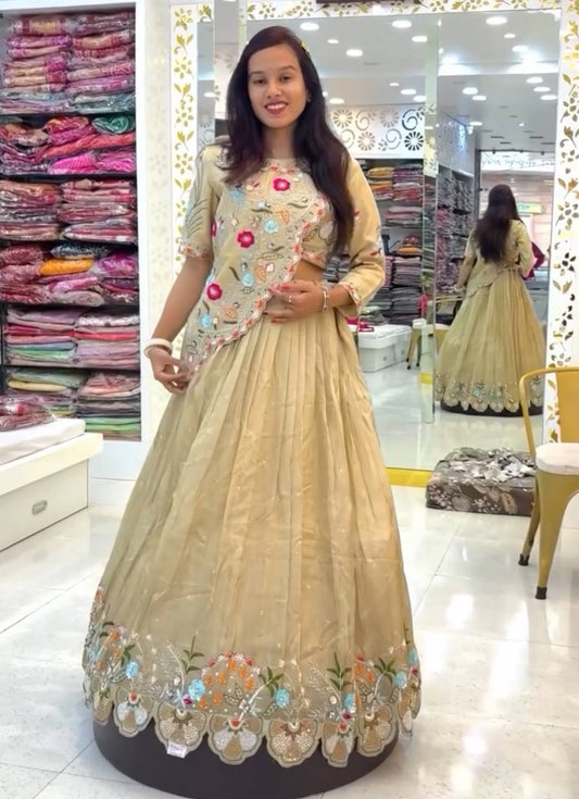 Glimmering Gold Crush Cream Color Heavy Work Lehenga Choli