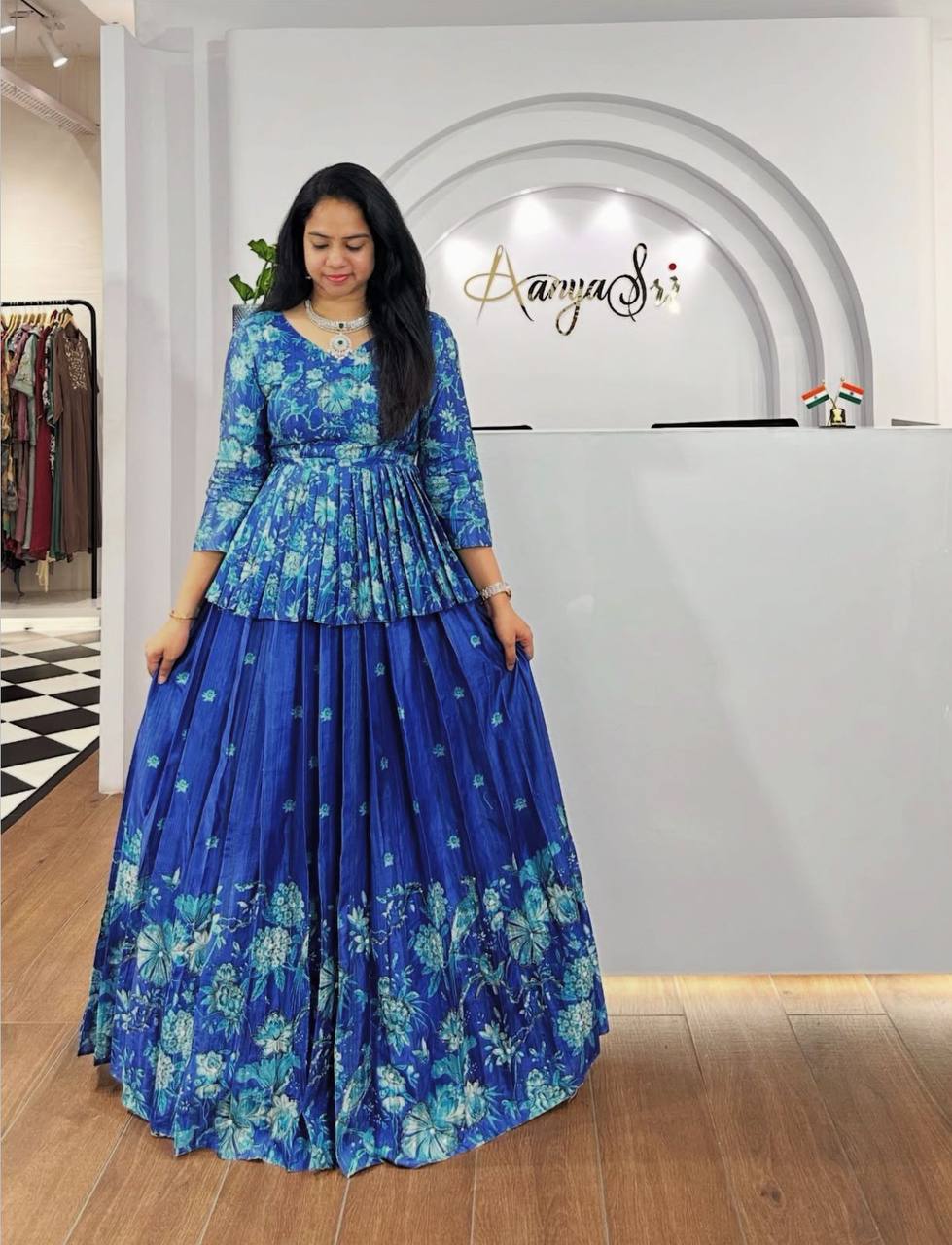Festive Wear Flower Print Blue Color Lehenga Choli