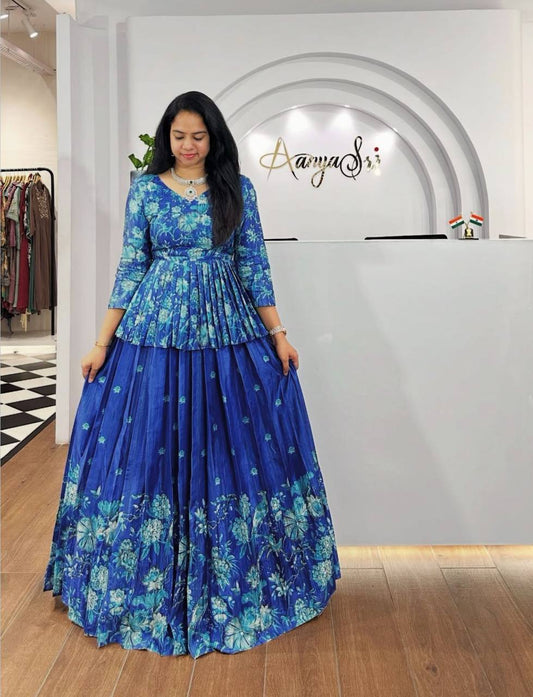 Festive Wear Flower Print Blue Color Lehenga Choli