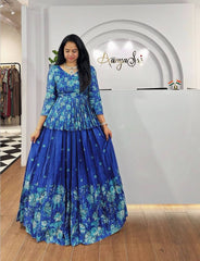 Festive Wear Flower Print Blue Color Lehenga Choli Festive Wear Flower Print Blue Color Lehenga Choli