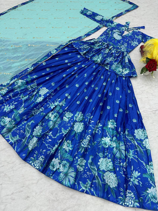 Festive Wear Flower Print Blue Color Lehenga Choli