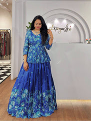 Festive Wear Flower Print Blue Color Lehenga Choli Festive Wear Flower Print Blue Color Lehenga Choli