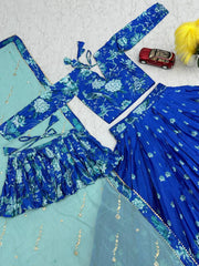 Festive Wear Flower Print Blue Color Lehenga Choli Festive Wear Flower Print Blue Color Lehenga Choli