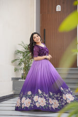Flower Print Double Shade Lavender Color Gown Flower Print Double Shade Lavender Color Gown