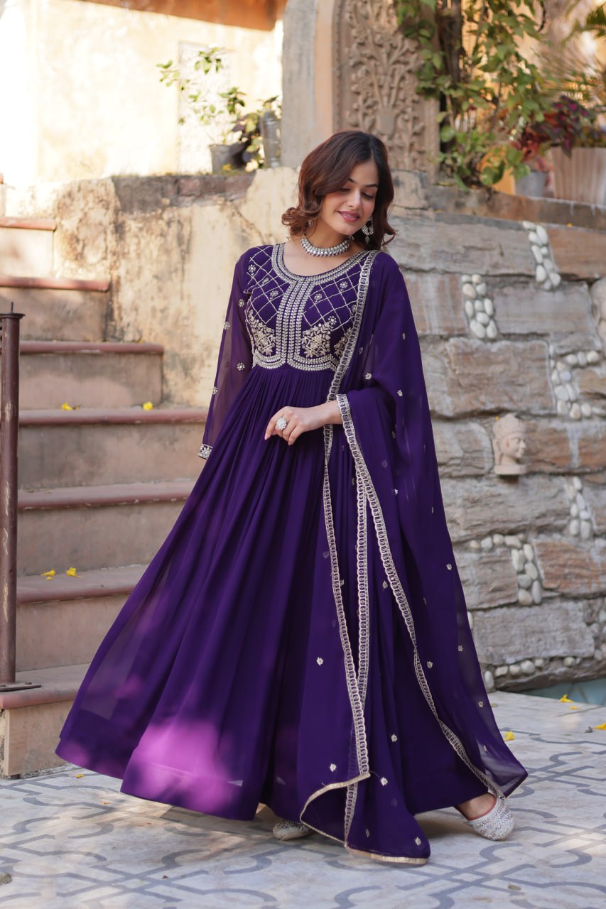 Festive Wear Fancy Neck Work Purple Color Gown