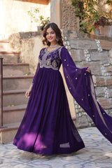 Festive Wear Fancy Neck Work Purple Color Gown Festive Wear Fancy Neck Work Purple Color Gown