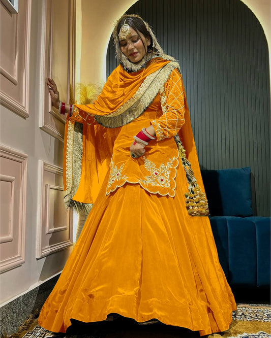 Designer Hand Work Yellow Color Top With Lehenga