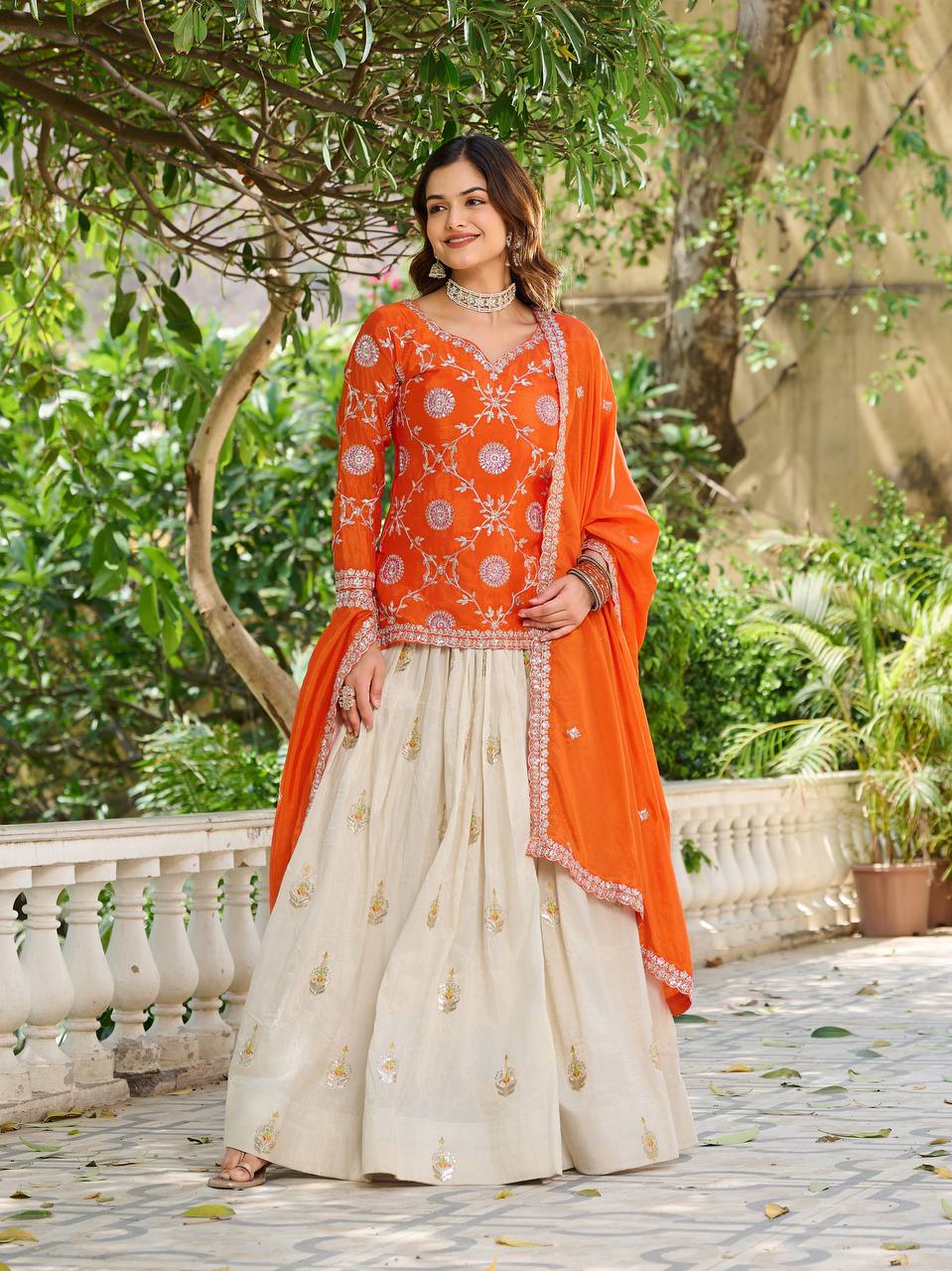 Function Wear White Lehenga With Orange Color Kurti