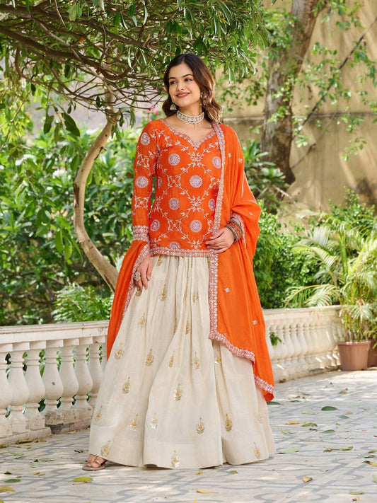 Function Wear White Lehenga With Orange Color Kurti