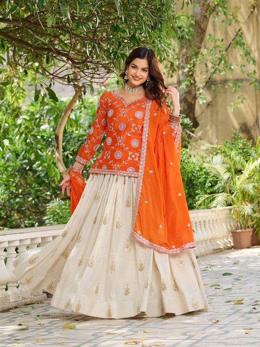 Function Wear White Lehenga With Orange Color Kurti