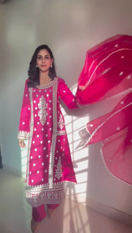 Presenting Chine Stitch Work Pink Color Palazzo Suit