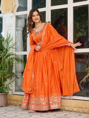 Wedding Wear Orange Color Sequence Work Long Gown Wedding Wear Orange Color Sequence Work Long Gown
