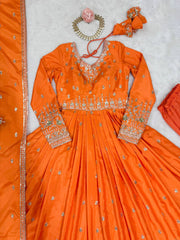 Wedding Wear Orange Color Sequence Work Long Gown Wedding Wear Orange Color Sequence Work Long Gown