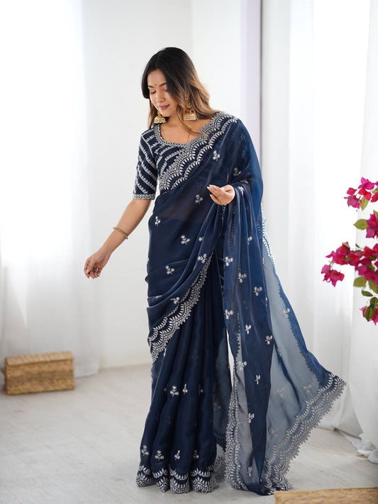 Navy Blue Color Thread With Sequence Work Designer Saree