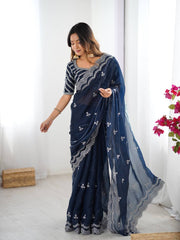 Navy Blue Color Thread With Sequence Work Designer Saree Navy Blue Color Thread With Sequence Work Designer Saree