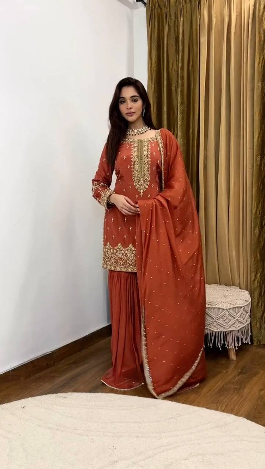 Good Looking Embroidery Work Brown Color Sharara Suit