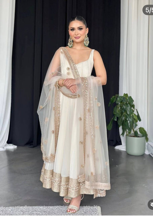 Fancy Sequence Work White Color Georgette Gown