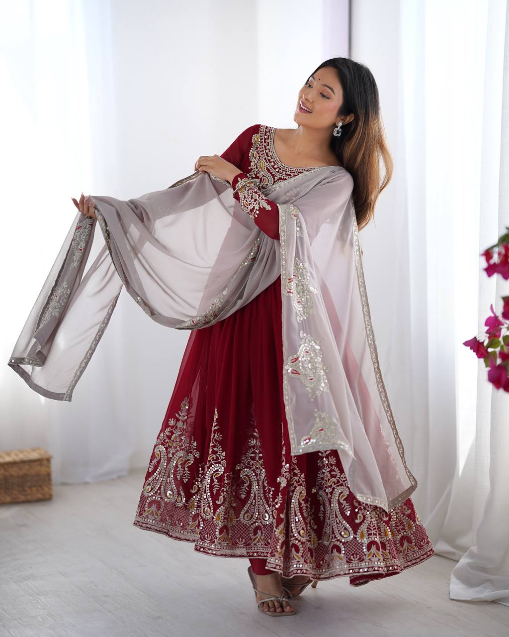 Maroon Color Multi Thread Work Gown With White Dupatta