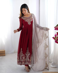 Maroon Color Multi Thread Work Gown With White Dupatta Maroon Color Multi Thread Work Gown With White Dupatta