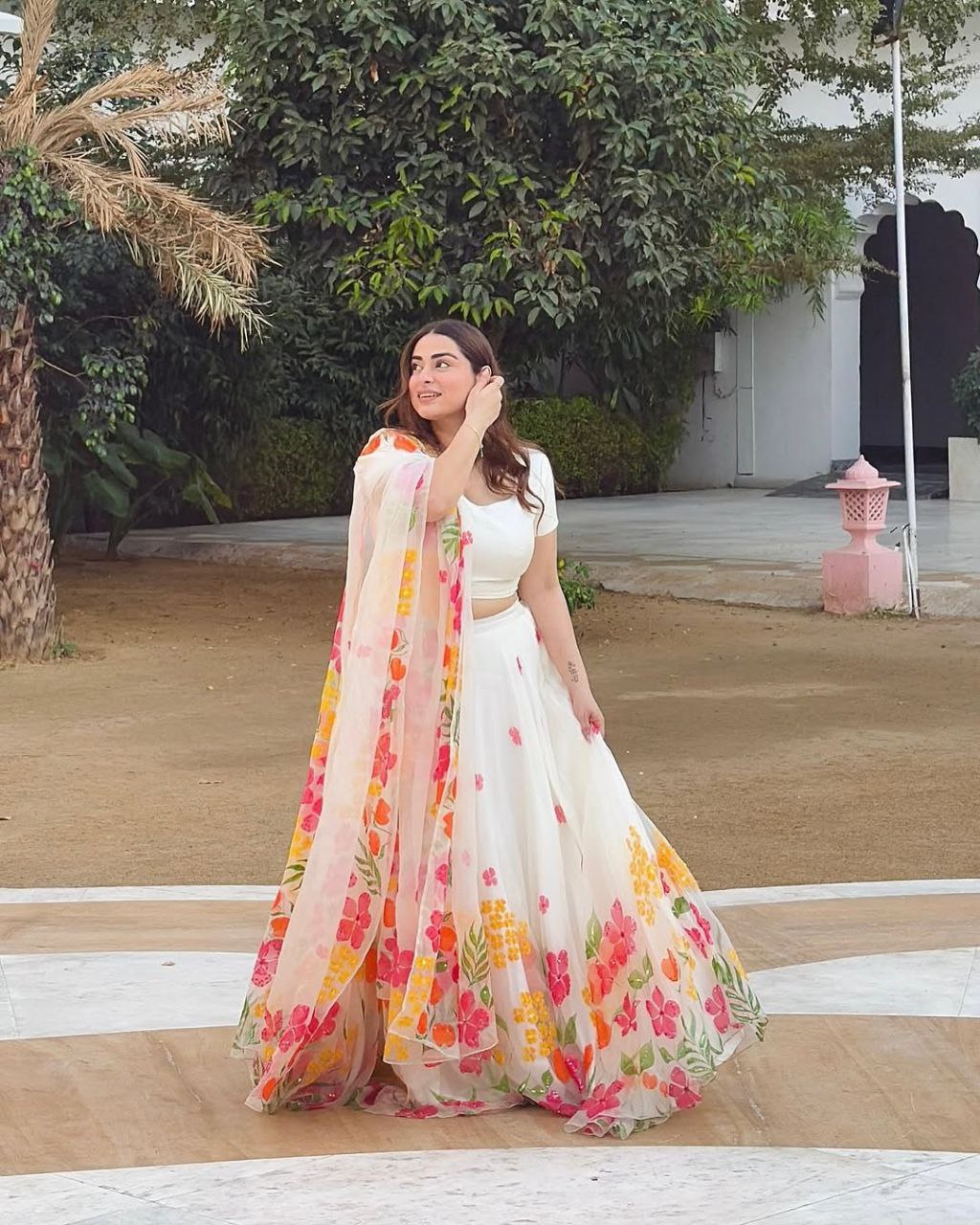 Stylish Multi Flower Print White Color Lehenga Choli