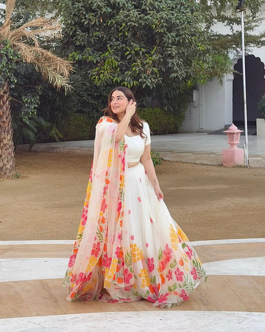 Stylish Multi Flower Print White Color Lehenga Choli