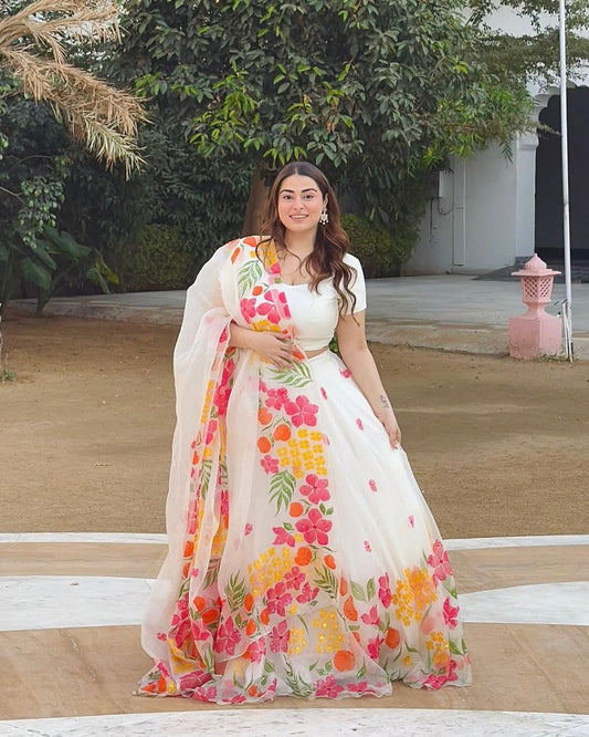 Stylish Multi Flower Print White Color Lehenga Choli